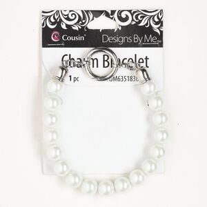 Bracelet, silver-finished steel and acrylic pearl, white, 8 inches with self-closing clasp. Sold individually.