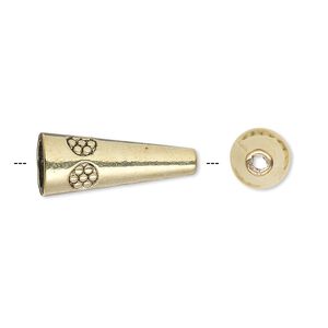 Cone, antique gold-finished "pewter" (zinc-based alloy), 21x8mm with flower design, 6mm inside diameter. Sold per pkg of 20.