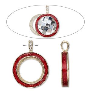 Pendant, Almost Instant Jewelry&reg;, epoxy / crystals / gold-finished "pewter" (zinc-based alloy), light Siam red and crystal clear with glitter, 45x35mm single-sided with 30mm round setting. Sold individually.