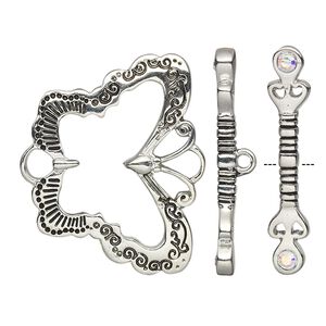 Clasp toggle 1pkg1 silver-plated / AB "pewter" (zinc alloy), 29x21mm butterfly, antique / clear crystal rhinestone 1-strand