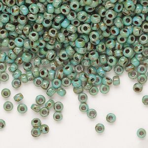 Seed bead, Miyuki, glass, pkg/250g, #8 rocaille, opaque Picasso turquoise blue, (RR-4514).