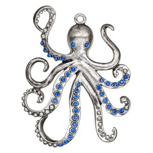Focal, Charmed, glass rhinestone and antique imitation rhodium-finished "pewter" (zinc-based alloy), blue, 68x53mm single-sided octopus. Sold individually.