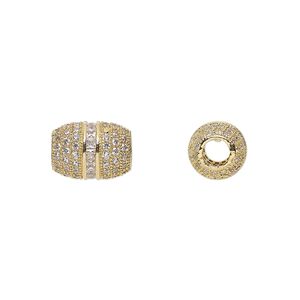 Bead 1pkg1 gold-finished, 12x8.5mm barrel, brass / clear rhinestone