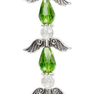 Bead mix 1pkg4 silver-plated "pewter", 23x7mm angel, lime green & clear / antique