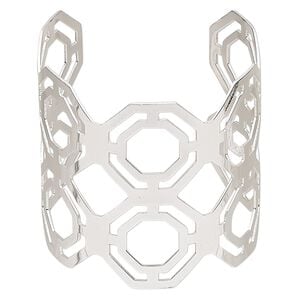 Bracelet, cuff, silver-finished steel, 61mm wide with cutout octagon design, adjustable from 7-8 inches. Sold individually.