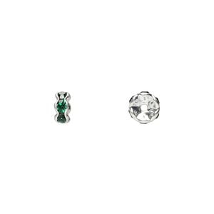 Bead 1pkg10 silver-plated, 5x2mm rondelle, brass / emerald green rhinestone