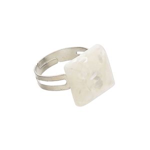Ring steel / mother-of-pearl shell 1pkg1, 14mm square, bleached/assembled silver finish / white