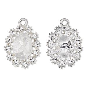 Drop, Almost Instant Jewelry&reg;, crystals and silver-plated "pewter" (zinc-based alloy), crystal clear, 23x19mm single-sided oval with 14x10mm oval setting. Sold individually.