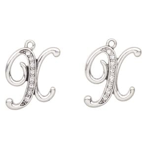 Charm, antique silver-finished "pewter" (zinc-based alloy) and glass, clear, 24x23mm letter "X". Sold per pkg of 2.