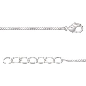 Chain 1pkg4 silver-plated curb, 1mm / lobster claw clasp, brass 16 inch