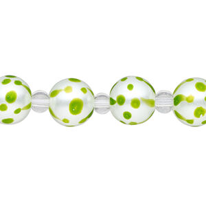 Bead, glass 1pkg8, opaque green and white, 10mm hand-painted round.