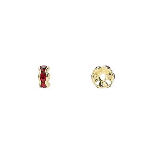 Bead 1pkg10 gold-finished, 5x2mm rondelle, brass / garnet red rhinestone