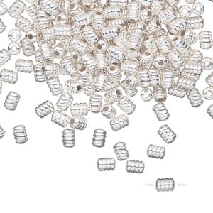 Bead 1pkg100 silver-plated, 4x3mm ribbed tube, brass