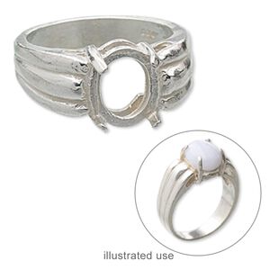 Ring, sterling silver, three-rib leaf band with 10x8mm 4-prong oval setting, size 7. Sold individually.