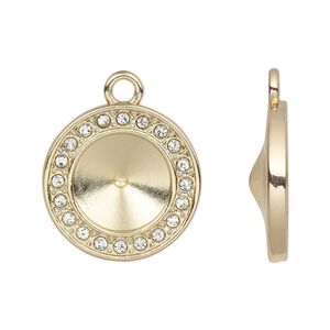 Drop, Almost Instant Jewelry&reg;, cubic zirconia and gold-finished "pewter" (zinc-based alloy), clear, 18mm single-sided round with SS47 rivoli glue-in setting. Sold per pkg of 2.