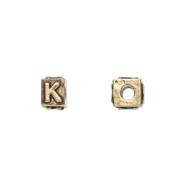 Bead 1pkg4 gold-plated pewter, 8x6mm rectangle / letter K, antique Dione&reg; image number 0