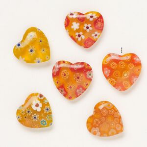 Bead, millefiori glass, translucent orange and multicolored, 17-20mm half-drilled puffed heart. Sold per pkg of 6.