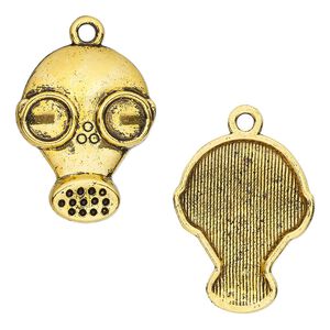 Charm, antique gold-finished "pewter" (zinc-based alloy), 24x19mm single-sided gas mask. Sold per pkg of 4.