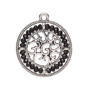 Drop, glass and antique silver-finished "pewter" (zinc-based alloy), black, 28mm round with hearts and beaded border. Sold per pkg of 2.