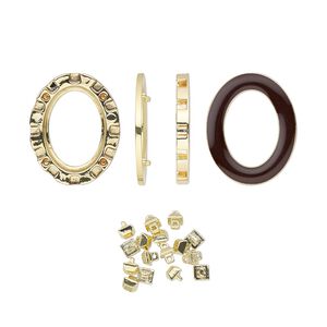Mount 1pkg1, Miracle Mount&trade;, enamel and gold-finished "pewter" (zinc-based alloy), brown, 39x32mm oval with 30x22mm oval setting. 18-piece set.
