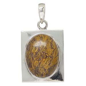 Pendant, chrysanthemum stone (natural) and sterling silver, 29x26mm-34x27mm rectangle. Sold individually.