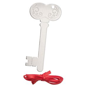 Ornament, ImpressArt&reg;, aluminum and polyester, 3x1-3/8 inch key with ribbon. Sold per pkg of 3.
