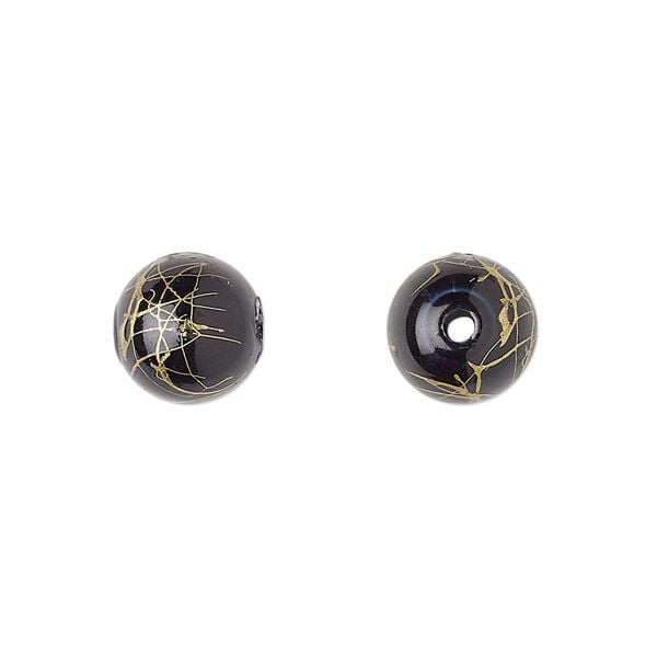 Bead, acrylic, black and gold, 10mm round with swirls. Sold per pkg of 200. image number 0