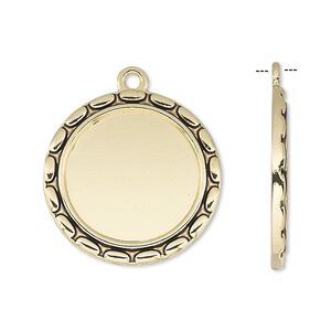 Drop, antique gold-finished "pewter" (zinc-based alloy), 24mm round with oval edge and 18mm round setting. Sold per pkg of 6.