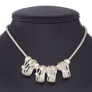Necklace, glass rhinestone / silver-coated plastic / silver-finished brass / steel / "pewter" (zinc-based alloy), opal and clear, open oval, 16 inches with 3-inch extender chain and lobster claw clasp. Sold individually.