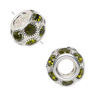 Bead 1pkg1 silver-plated "pewter", 18x12mm rondelle / 6mm faceted round, Egyptian glass rhinestone / light green