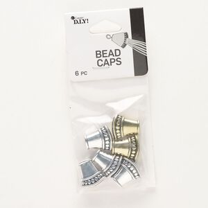Cord end glue-in mix 1pkg6 "pewter", 16x15mm flat cone / 12.5x6mm inside diameter, silver-finished / gold-finished / antiqued