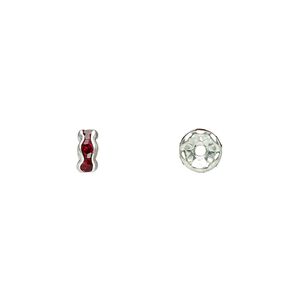 Bead 1pkg10 silver-plated, 5x2mm rondelle, brass / garnet red rhinestone