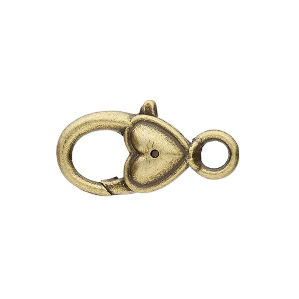 Clasp lobster claw 1pkg6 brass-plated "pewter" (zinc alloy), 21x12.5mm double-sided heart, antique 1-strand image number 0