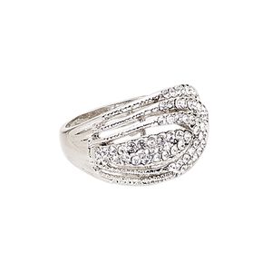 Ring, Czech glass rhinestone and imitation rhodium-plated "pewter" (zinc-based alloy), clear, 15mm wide, size 9. Sold individually.