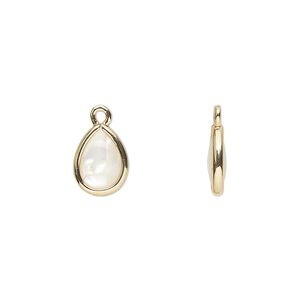 Drop, mother-of-pearl shell and gold-finished brass (assembled) 1pkg4, 10.5x7mm-11.5x8mm double-sided teardrop.