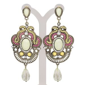 Earring, acrylic / glass rhinestone / enamel / stainless steel / antique gold-finished brass / steel / "pewter" (zinc-based alloy), multicolored, 3-1/2 inches with post. Sold per pair.