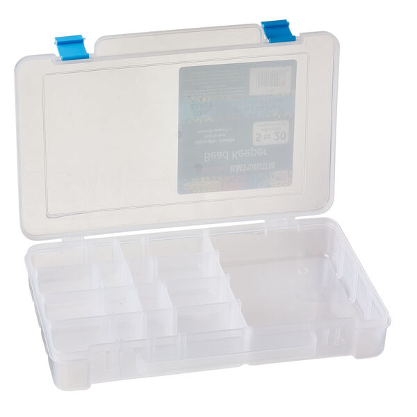Organizer box, The Beadery&reg;, 1pkg1, plastic, clear / blue, 10-7/8 x 7-1/4 x 1-1/2 inches with 5 to 20 adjustable compartments (2185). image number 2