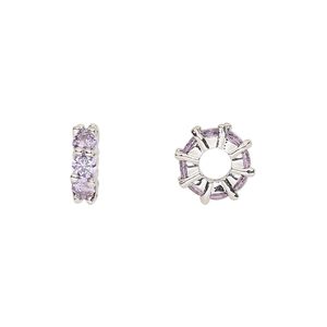 Bead 1pkg2 silver-plated, 10.5x3.5mm rondelle, brass / amethyst cubic zirconia