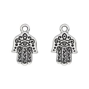 Drop, TierraCast&reg;, antique silver-plated pewter (tin-based alloy), 16x13mm double-sided Fatima hand with eye. Sold per pkg of 2.