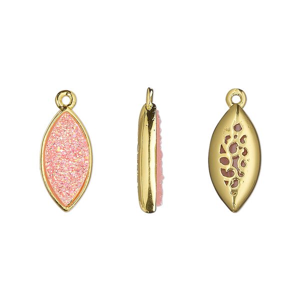 Drop, Druzylite&trade;, "druzy" (resin) and gold-finished brass, pink, 16x8mm two-sided marquise with open filigree back. Sold per pkg of 4. image number 0