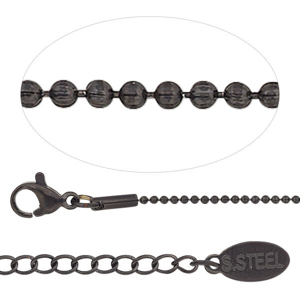 Chain 1pkg1 ball, 1.2mm / lobster claw clasp, black-finished stainless steel 16 inch image number 0