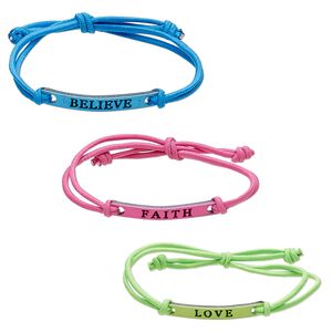 Bracelet, nylon and acrylic, neon blue / neon green / neon pink, 5mm wide with 37x5mm curved rectangle and "FAITH" / "LOVE" / "BELIEVE," adjustable from 6 to 7-1/2 inches with macram&eacute; knot closure. Sold per pkg of 3.