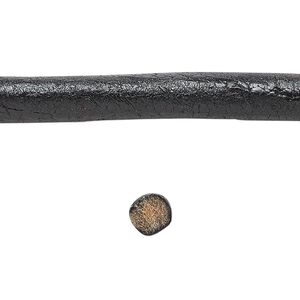 Cord, leather, black, 6mm round. Sold per 5-yard spool.