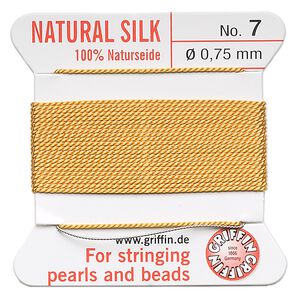 Thread, Griffin, silk, amber yellow, size #7. Sold per 2-meter card (approximately 78 inches).