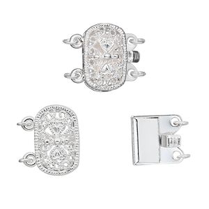 Clasp tab 1pkg100 silver-plated, 14x9mm filigree oval, brass 2-strand