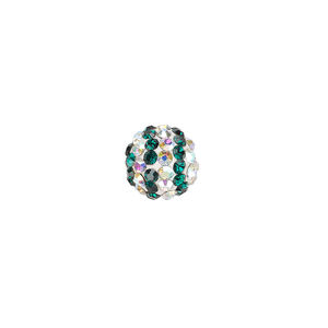 Bead, Egyptian glass rhinestone / epoxy / resin, white / dark green / clear AB, 10mm round with pav&eacute; striped design. Sold individually.