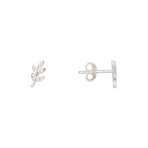 Earstud sterling silver / cubic zirconia 1pkg2, 9x4mm right- and left-facing leaf / earnuts included, Create Compliments&reg; clear 1 pair