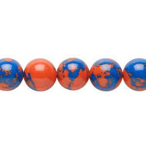 Bead, resin, dark blue and orange, 10mm round. Sold per 15-1/2" to 16" strand.
