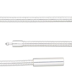 Chain 1pkg1 silver-plated omega, 3mm / fits 4.5mm or larger hole / pop-style clasp, brass 7.5 inch