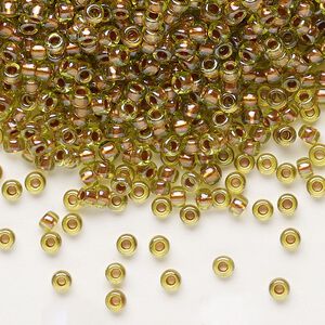 Seed bead, Miyuki, glass, pkg/250g, #8 rocaille, opaque copper pearl-lined chartreuse, (RR-3805).